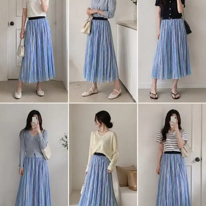[BUNJANG] Vertical Stripe Pleated Long Skirt / 세로 스트라이프 플리츠 롱 스커트