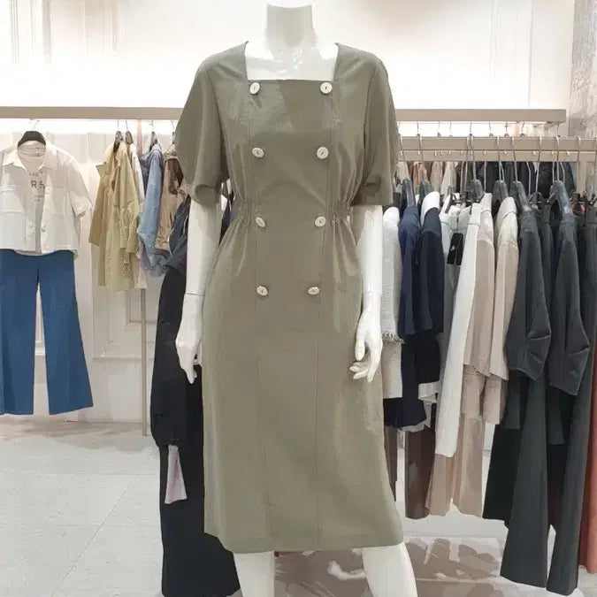 [BUNJANG] LYNN Square Neck Linen Blend Dress Khaki Size 55 / 린(LYNN) 스퀘어넥 원피스