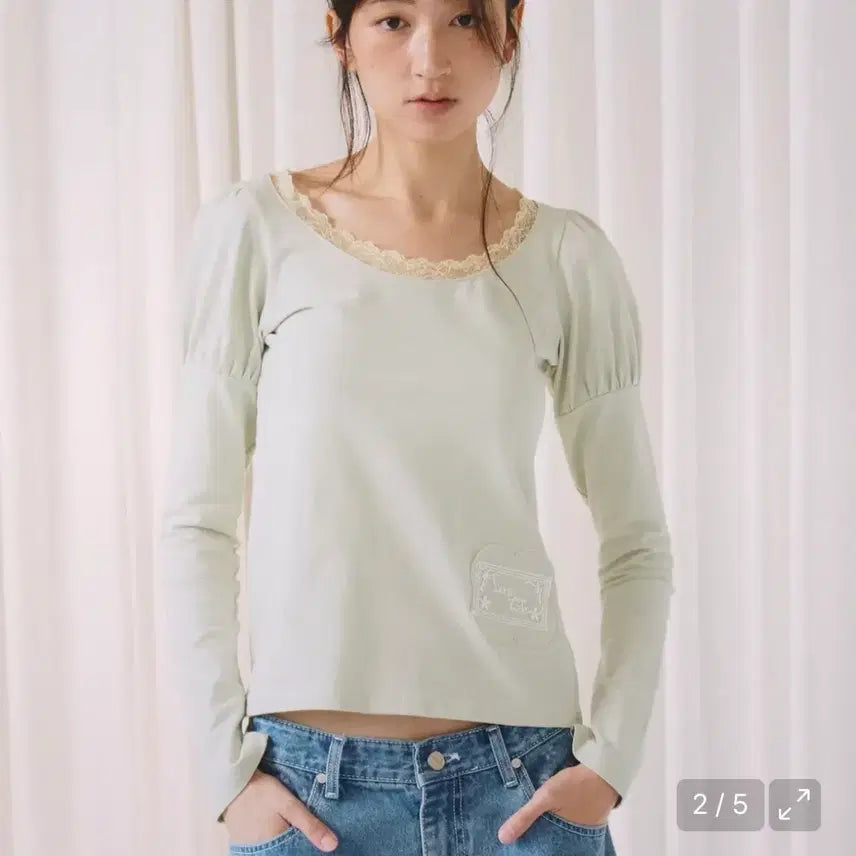 [BUNJANG] Opish Daisy Lace Puff Long Sleeve Green / 오피쉬 데이지 레이스 퍼프 롱슬리브 그린