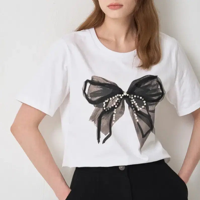 [BUNJANG] MINE Embellishment Half Sleeve Ribbon T-shirt / 새상품)한섬 마인 MINE 엠블리시먼트 하프 슬리브 리본 티셔츠