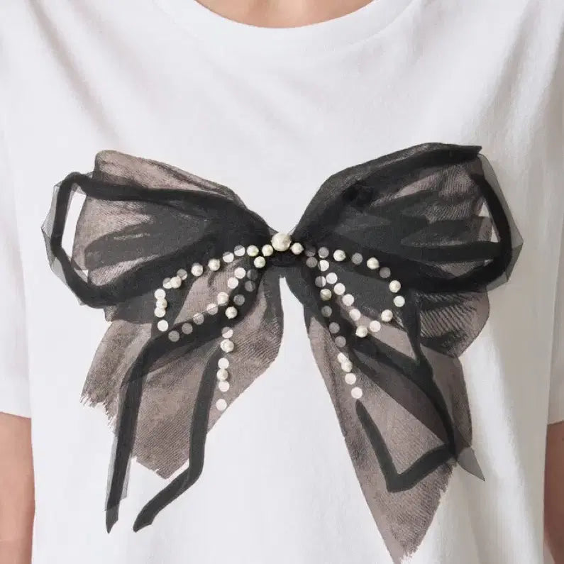 [BUNJANG] MINE Embellishment Half Sleeve Ribbon T-shirt / 새상품)한섬 마인 MINE 엠블리시먼트 하프 슬리브 리본 티셔츠