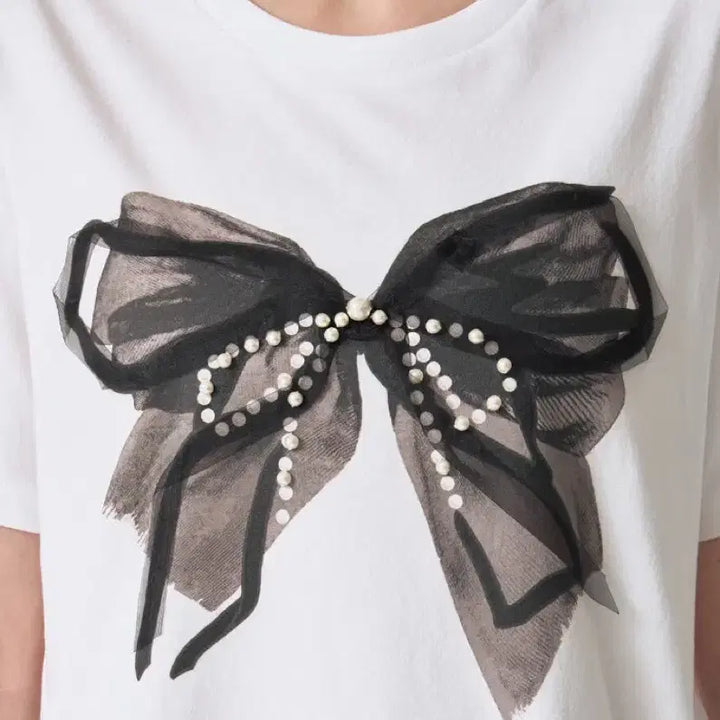 [BUNJANG] MINE Embellishment Half Sleeve Ribbon T-shirt / 새상품)한섬 마인 MINE 엠블리시먼트 하프 슬리브 리본 티셔츠