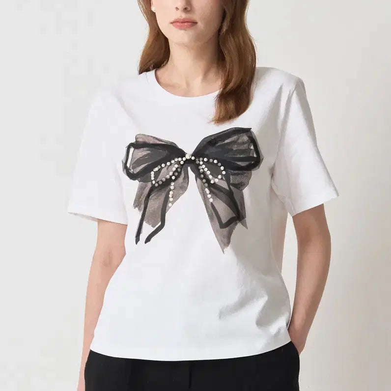 [BUNJANG] MINE Embellishment Half Sleeve Ribbon T-shirt / 새상품)한섬 마인 MINE 엠블리시먼트 하프 슬리브 리본 티셔츠