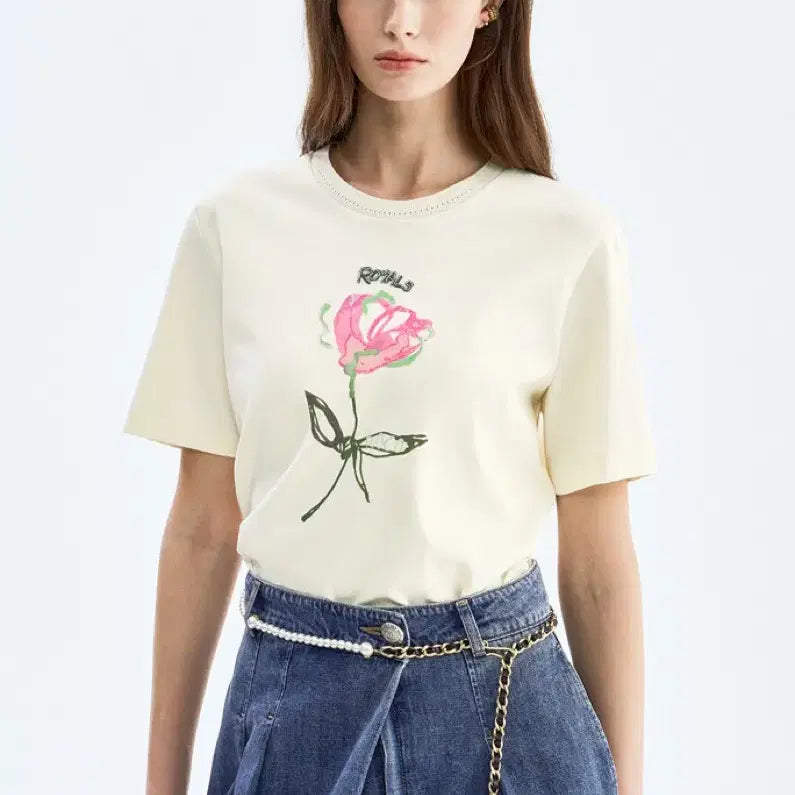 [BUNJANG] OBZEE Rose Printing Beaded Half Sleeve T-shirt / 새상품)오브제 OBZEE 로즈 프린팅 비즈 포인트 반팔 티셔츠