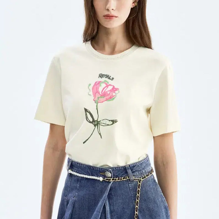 [BUNJANG] OBZEE Rose Printing Beaded Half Sleeve T-shirt / 새상품)오브제 OBZEE 로즈 프린팅 비즈 포인트 반팔 티셔츠