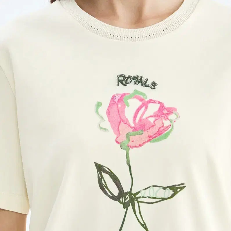 [BUNJANG] OBZEE Rose Printing Beaded Half Sleeve T-shirt / 새상품)오브제 OBZEE 로즈 프린팅 비즈 포인트 반팔 티셔츠
