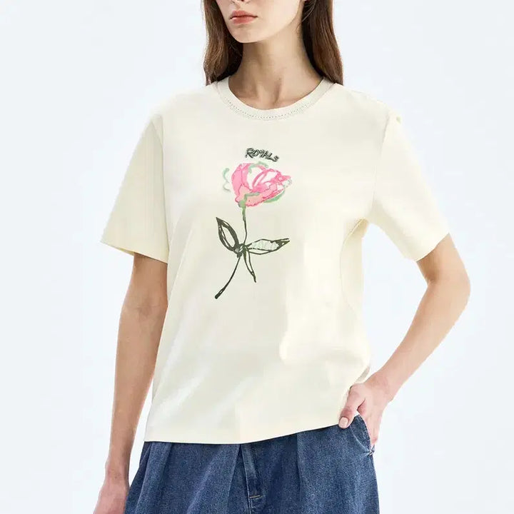 [BUNJANG] OBZEE Rose Printing Beaded Half Sleeve T-shirt / 새상품)오브제 OBZEE 로즈 프린팅 비즈 포인트 반팔 티셔츠