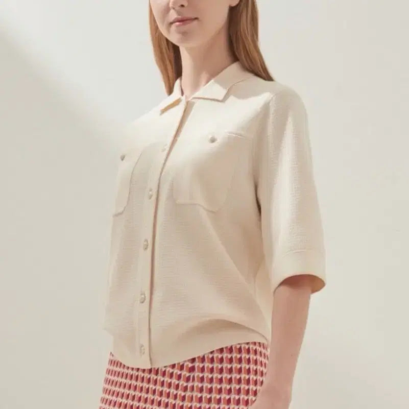 [BUNJANG] Latt Boa Semi Knit Cardigan Ivory / 한섬 래트바이티 LATT 반팔 니트 카라 가디건 아이보리5부 진주 와플