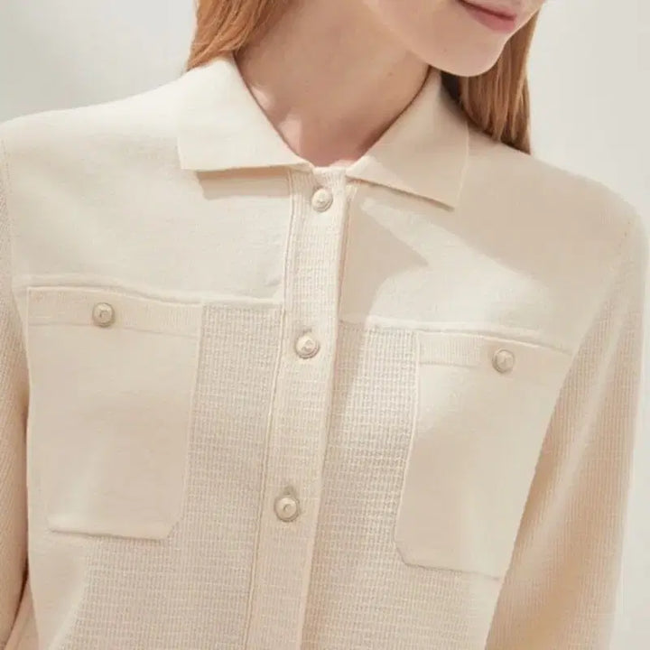 [BUNJANG] Latt Boa Semi Knit Cardigan Ivory / 한섬 래트바이티 LATT 반팔 니트 카라 가디건 아이보리5부 진주 와플