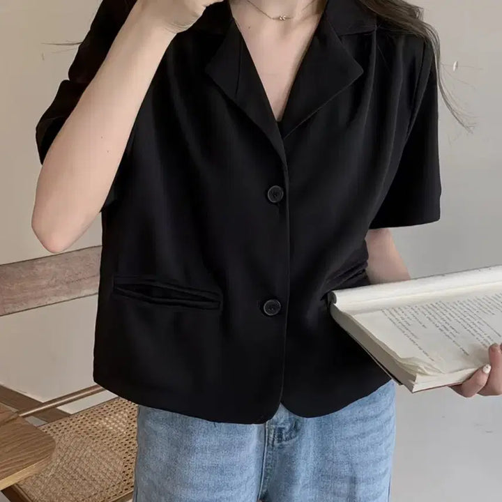 [BUNJANG] Black Cropped Jacket Summer Short Sleeve Size 66-77 / 새삼품 여름 반팔 블랙 자켓 66-77