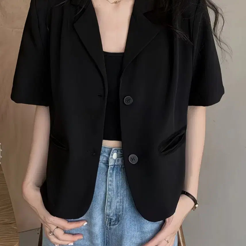 [BUNJANG] Black Cropped Jacket Summer Short Sleeve Size 66-77 / 새삼품 여름 반팔 블랙 자켓 66-77