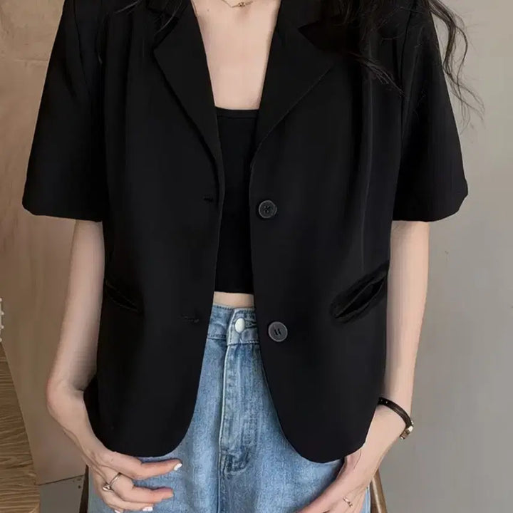 [BUNJANG] Black Cropped Jacket Summer Short Sleeve Size 66-77 / 새삼품 여름 반팔 블랙 자켓 66-77