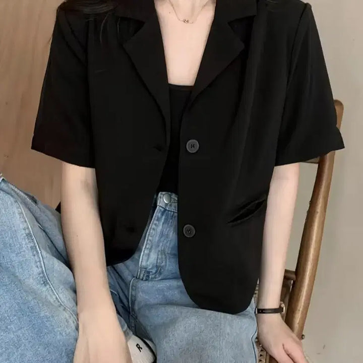 [BUNJANG] Black Cropped Jacket Summer Short Sleeve Size 66-77 / 새삼품 여름 반팔 블랙 자켓 66-77