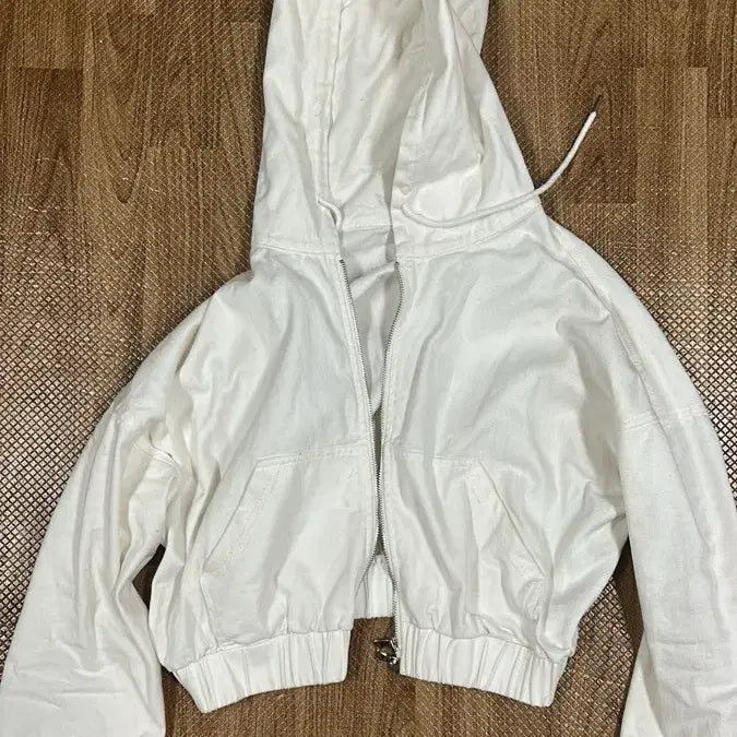 [BUNJANG] White Two-Way Semi-Crop Hooded Zip-Up / 화이트 투웨이 세미크롭 후드집업