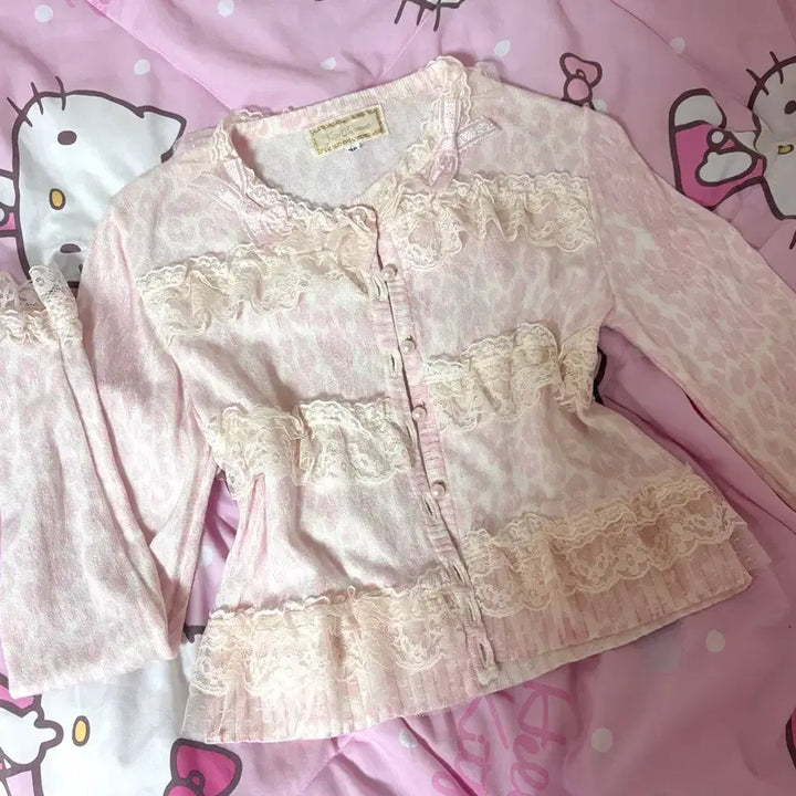 [BUNJANG] Jesus Diamante Pink Lace Leopard Knit Cardigan Top / 지저스 디아망떼 초희귀 핑크 레이스 레오파드 스판 니트 가디건 탑 리본
