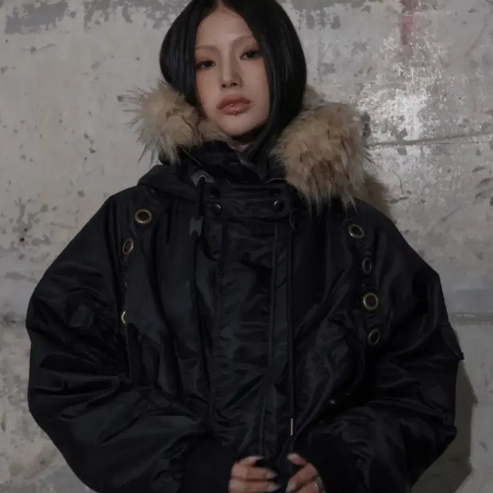 [BUNJANG] FANCY CLUB Eyelet Fur MA-1 Black Jacket / 팬시클럽 아일렛 퍼 MA-1 블랙
