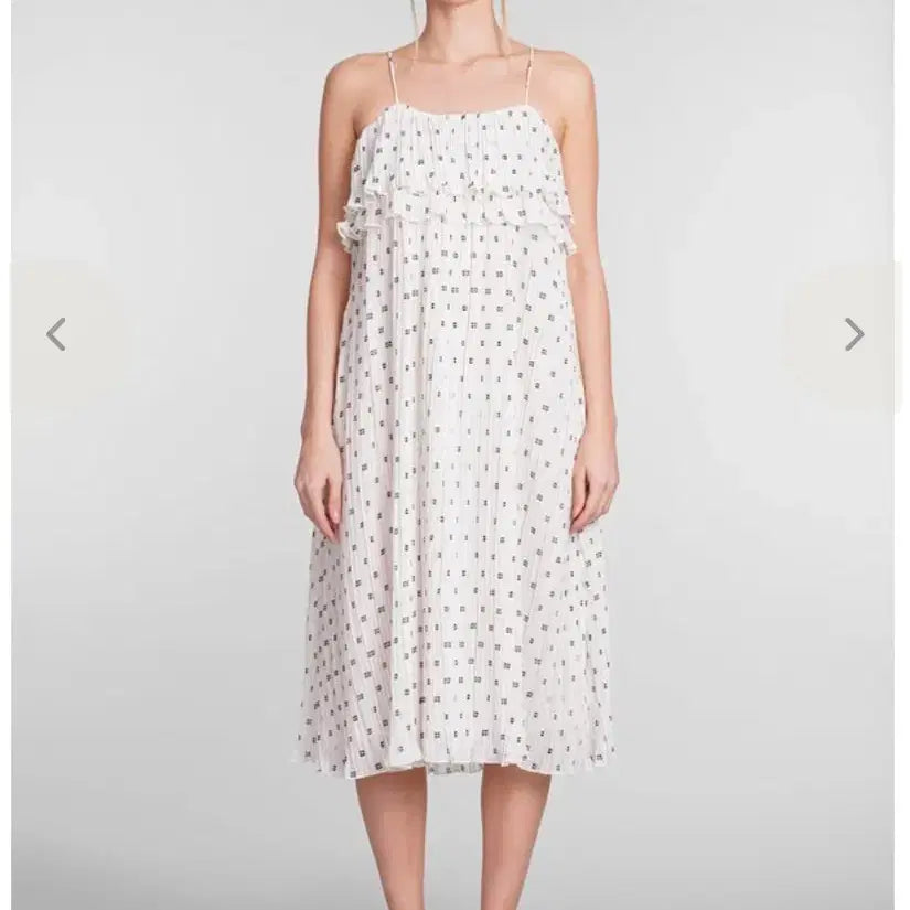 [BUNJANG] GANNI Pleated Frill Long Dress Pattern White / 가니 플리츠 프릴 롱 원피스 패턴 화이트