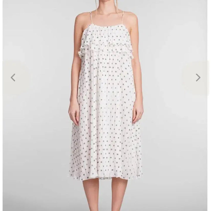 [BUNJANG] GANNI Pleated Frill Long Dress Pattern White / 가니 플리츠 프릴 롱 원피스 패턴 화이트