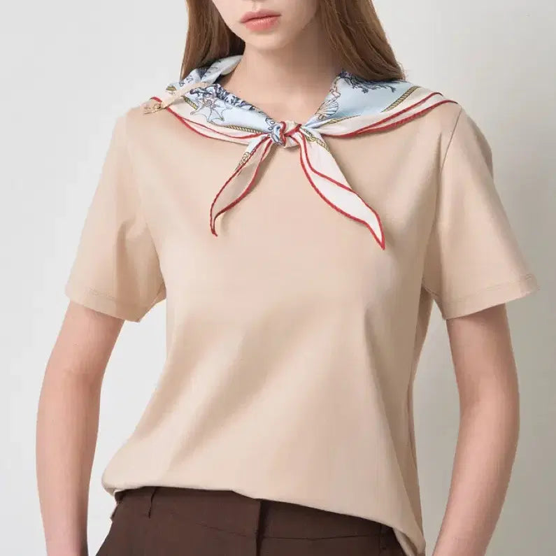[BUNJANG] Mine Beaded Strap Scarf Detail T-Shirt / 새상품) 한섬 마인 MINE 고급스러운 스카프 베이지 티셔츠