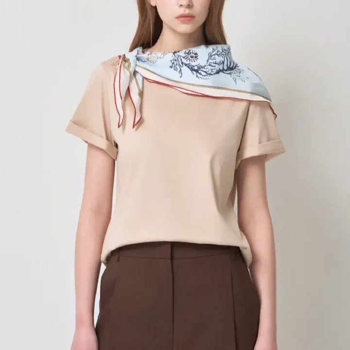 [BUNJANG] Mine Beaded Strap Scarf Detail T-Shirt / 새상품) 한섬 마인 MINE 고급스러운 스카프 베이지 티셔츠