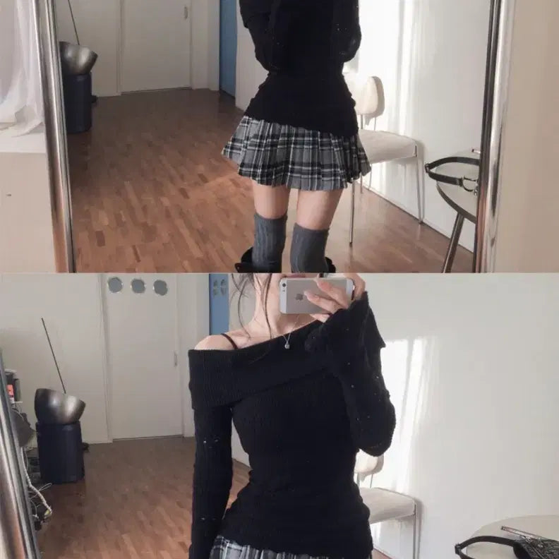[BUNJANG] Hypnotic Split Lace Off-Shoulder Knit / 히프나틱 스플릿 레이스 오프숄더 니트