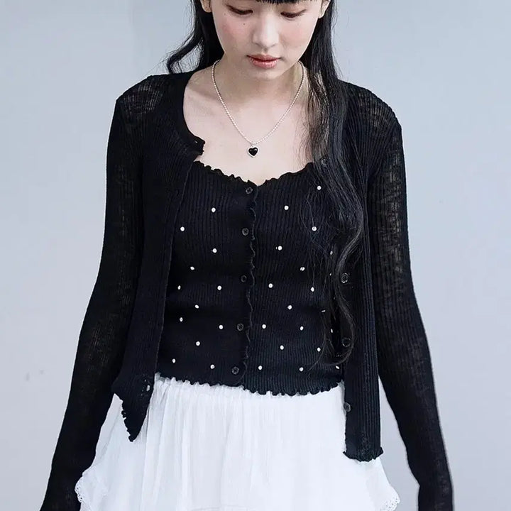 [BUNJANG] 더그린랩 도트 패턴 탑 가디건 세트 (블랙) / 더그린랩 도트 패턴 탑 가디건 세트 (블랙)