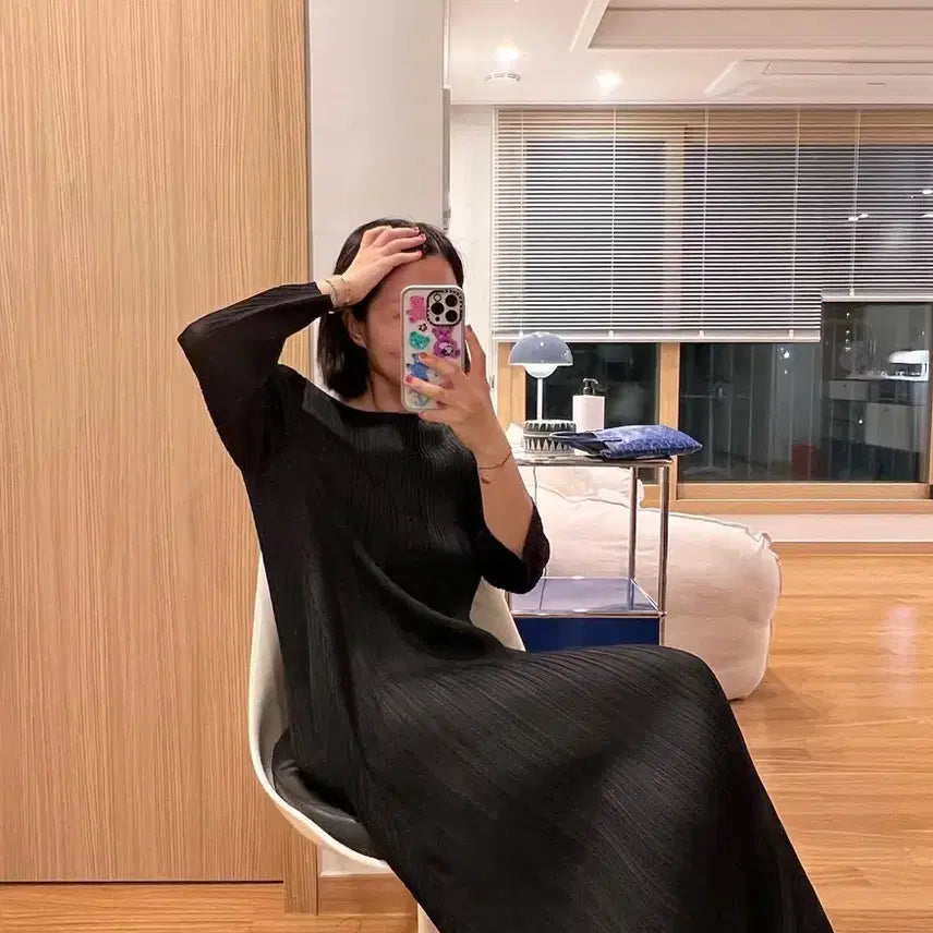 [BUNJANG] Black Pleated Long Dress / 블랙 플리츠 롱 원피스