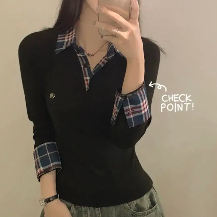 [BUNJANG] Black Slim Collar Long Sleeve T-Shirt / 체크 레이어드 슬림 카라 블랙 긴팔 티셔츠