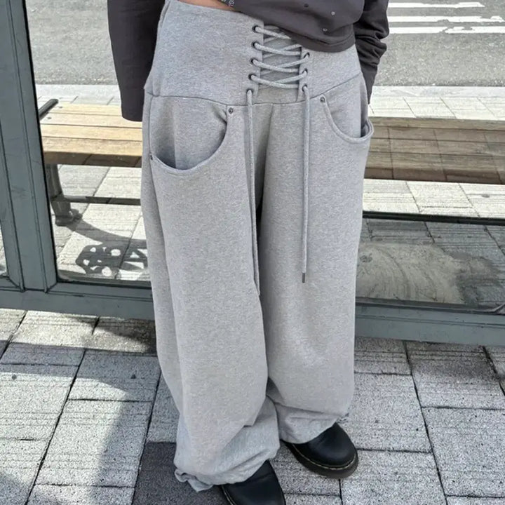 [BUNJANG] 0104 Lace-Up Wide Sweatpants Training Pants / 0104 공일공사 레이스업 와이드 스웻 팬츠 트레이닝 팬츠