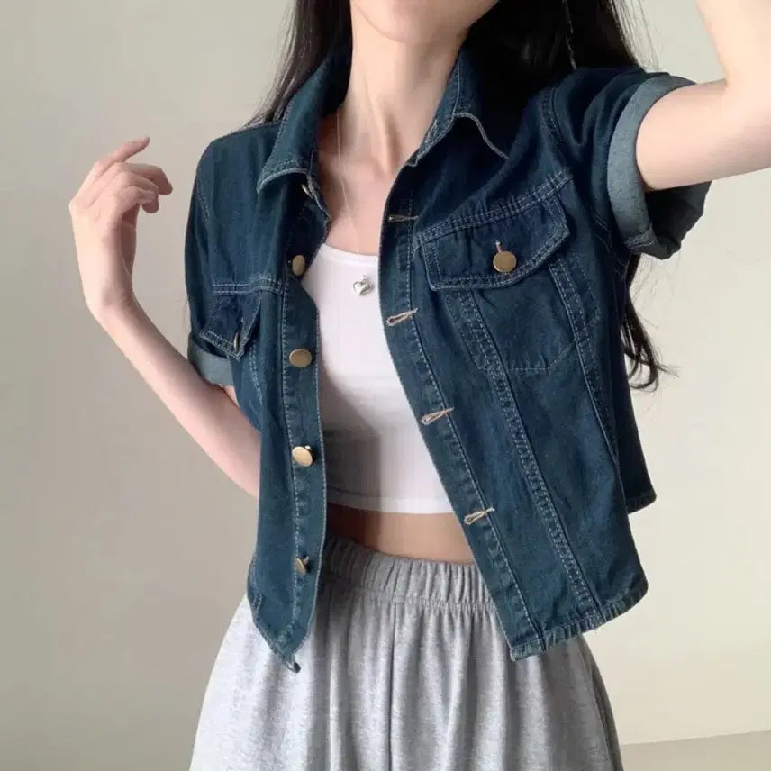 [BUNJANG] Jasminebell Crop Denim Jacket / 자스민벨 크롭 반팔 데님 자켓 진청