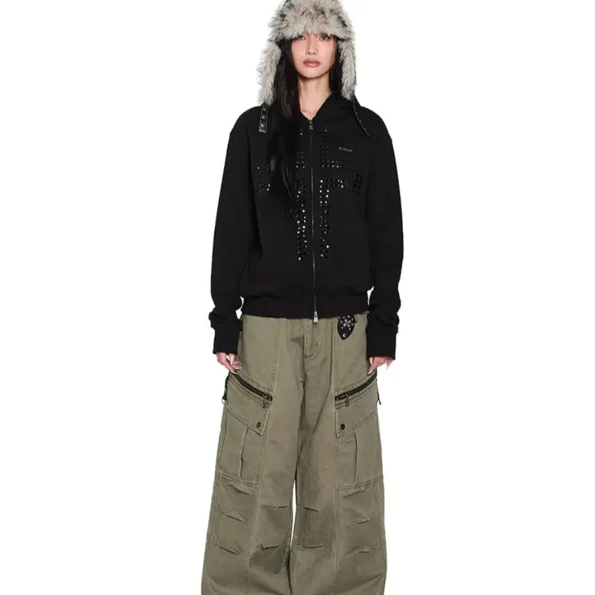 [BUNJANG] A-Kam Cross Rhinestone Hooded Zip-Up / 아캄 Cross Rhinestone 후드집업 [1]