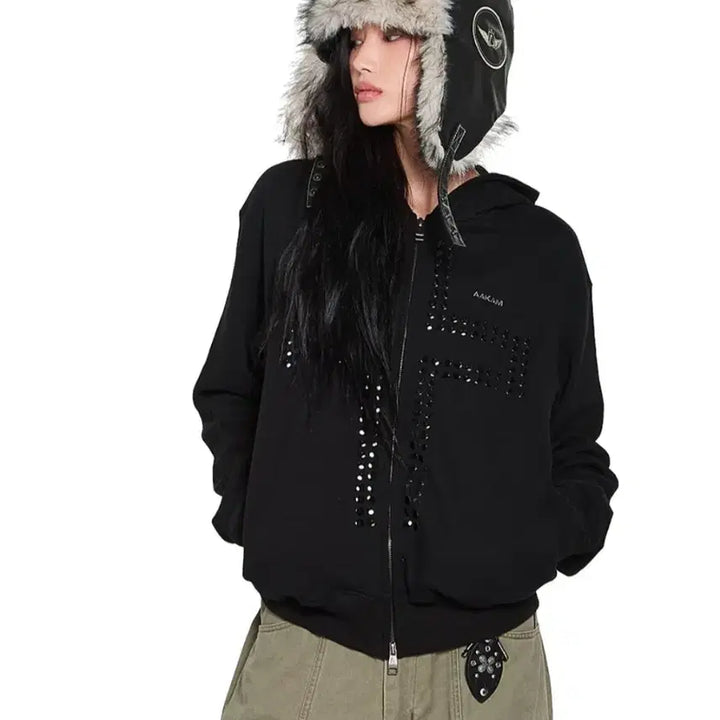 [BUNJANG] A-Kam Cross Rhinestone Hooded Zip-Up / 아캄 Cross Rhinestone 후드집업 [1]