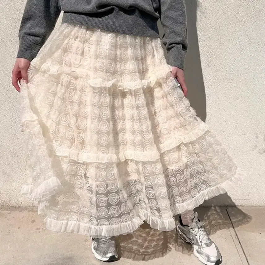 [BUNJANG] DewyDewy Blossom Mesh Skirt Ivory / 듀이듀이 블라썸 메쉬스커트 아이보리