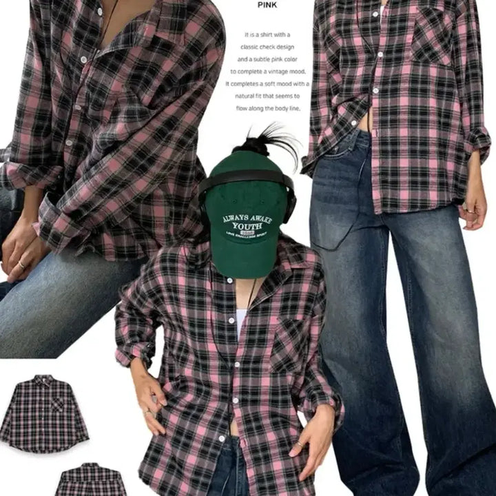 [BUNJANG] Avely Pink Check Oversized Shirt / (배송비 포함 가격)에이블리 핑크 체크 오버핏 셔츠