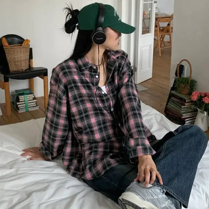[BUNJANG] Avely Pink Check Oversized Shirt / (배송비 포함 가격)에이블리 핑크 체크 오버핏 셔츠