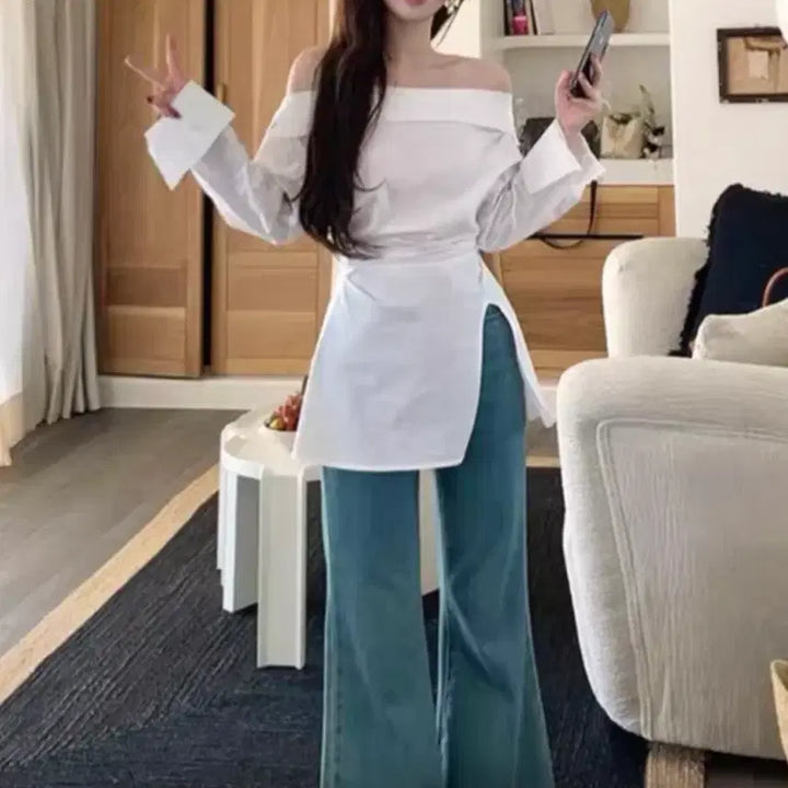[BUNJANG] Off-Shoulder Slit Blouse / 새상품/ 언발 트임 오프숄더 셔츠 블라우스