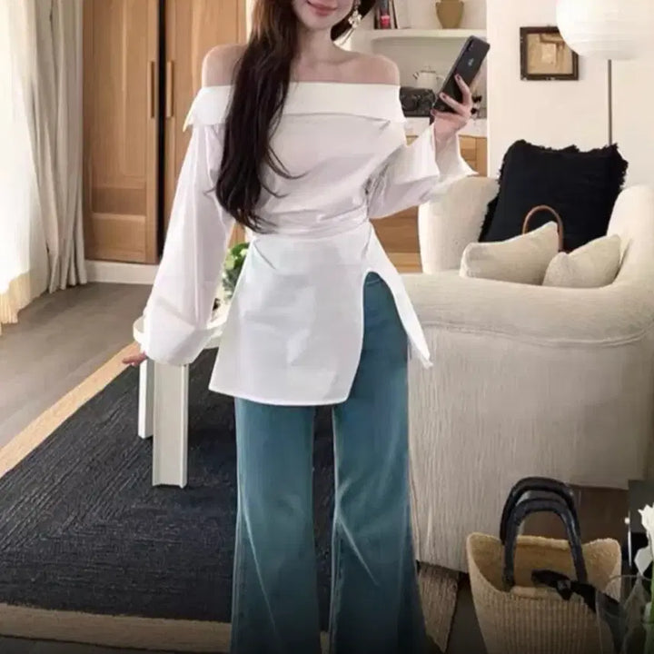[BUNJANG] Off-Shoulder Slit Blouse / 새상품/ 언발 트임 오프숄더 셔츠 블라우스