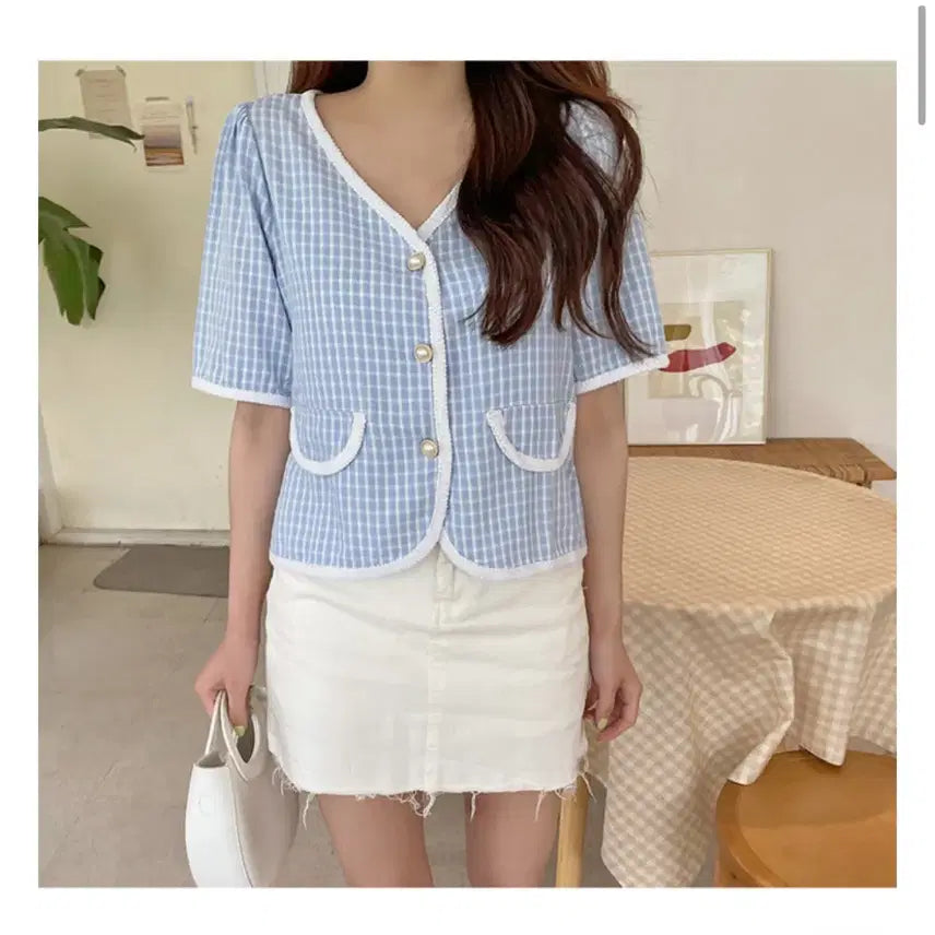 [BUNJANG] Lilly &amp; Co Checkered Short-Sleeve Jacket Blouse (Size 3) / 리리앤코 체크 반팔 자켓 블라우스 3사이즈