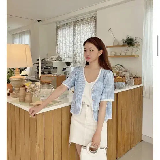 [BUNJANG] Lilly &amp; Co Checkered Short-Sleeve Jacket Blouse (Size 3) / 리리앤코 체크 반팔 자켓 블라우스 3사이즈