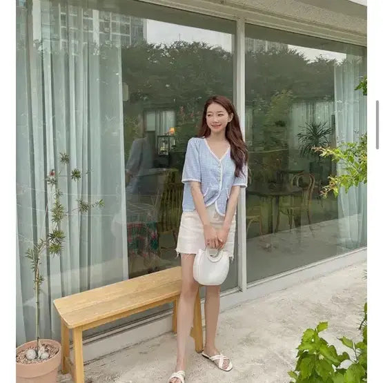 [BUNJANG] Lilly &amp; Co Checkered Short-Sleeve Jacket Blouse (Size 3) / 리리앤코 체크 반팔 자켓 블라우스 3사이즈