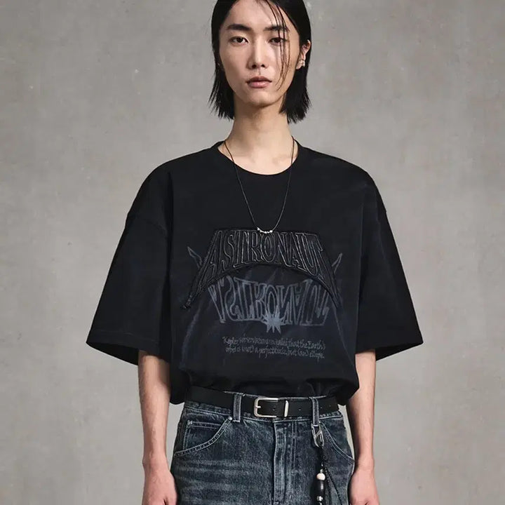 [BUNJANG] Elmood ASTRO Patchwork Pigment Dyed Half Black T-shirt / 엘무드 ASTRO 패치워크 피그다잉 하프 블랙 반팔 티셔츠 44