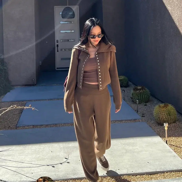 [BUNJANG] Kim Mongkey Mane Moremong Sale High Neck Cardigan &amp; Aladdin Pants Set / [새상품] 김몽키 매니모어몽 세일하이넥 가디건/알라딘 팬츠/그레이 카멜