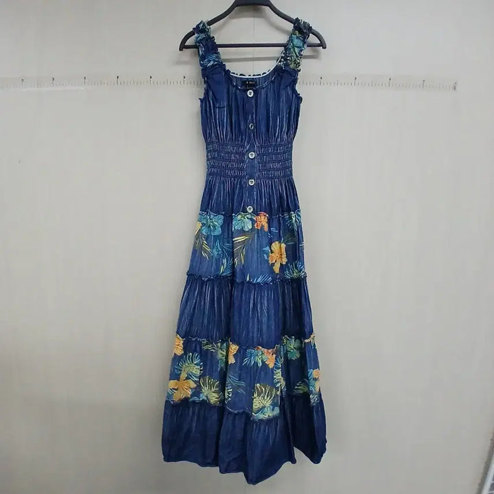 [BUNJANG] Egoist Floral Print Denim Long Dress / 에고이스트 플라워 프린팅 데님 롱 원피스