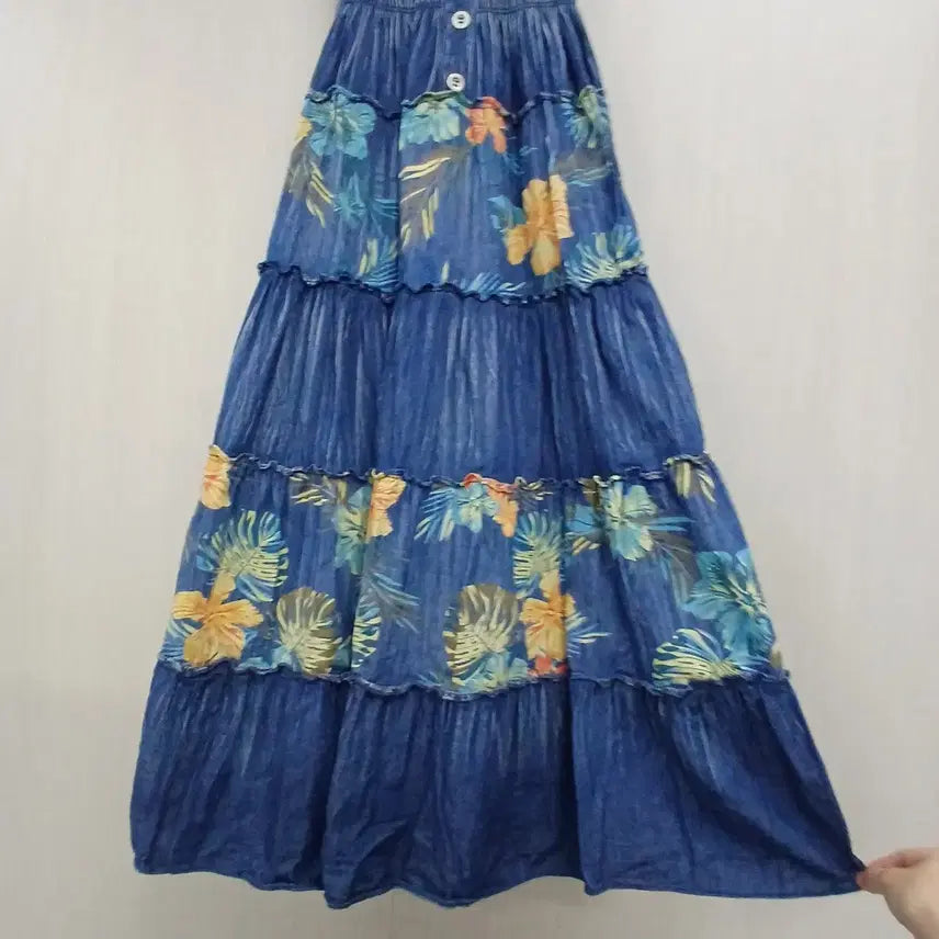 [BUNJANG] Egoist Floral Print Denim Long Dress / 에고이스트 플라워 프린팅 데님 롱 원피스