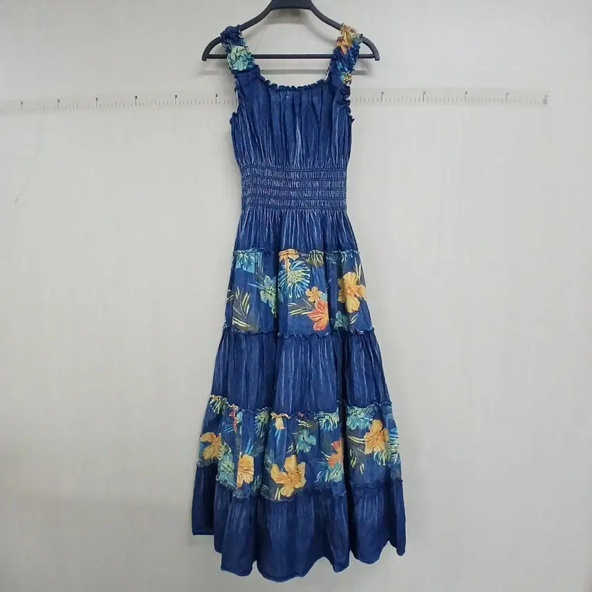 [BUNJANG] Egoist Floral Print Denim Long Dress / 에고이스트 플라워 프린팅 데님 롱 원피스
