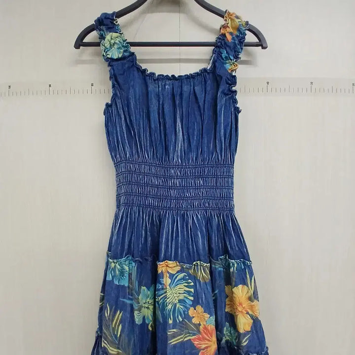 [BUNJANG] Egoist Floral Print Denim Long Dress / 에고이스트 플라워 프린팅 데님 롱 원피스