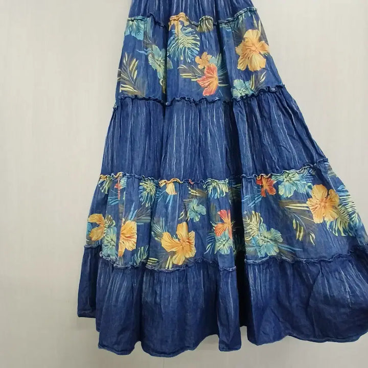 [BUNJANG] Egoist Floral Print Denim Long Dress / 에고이스트 플라워 프린팅 데님 롱 원피스