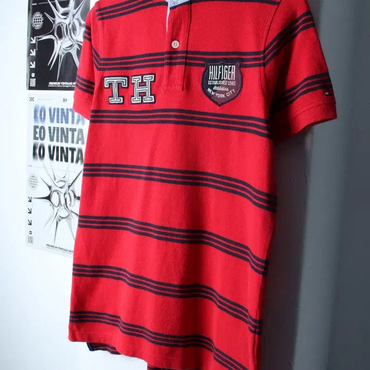 [BUNJANG] Tommy Hilfiger Striped Polo Shirt / (S-M) 타미힐피거 반팔 카라 티셔츠 스트라이프 레드-185C7