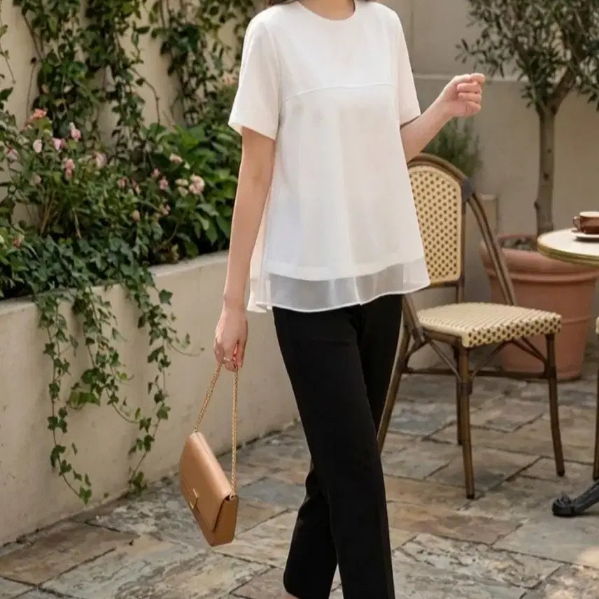 [BUNJANG] Feminine Layered Chiffon Peplum T-Shirt / 페미닌 레이어드 쉬폰 배색 페플럼 반팔 티셔츠ㅡ무배