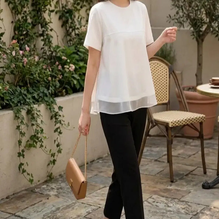 [BUNJANG] Feminine Layered Chiffon Peplum T-Shirt / 페미닌 레이어드 쉬폰 배색 페플럼 반팔 티셔츠ㅡ무배
